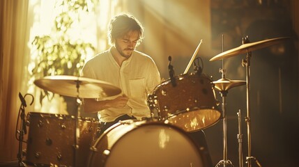 Fototapeta premium Man Playing Drums in Sunlit Room