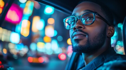 Man in Car at Night in Neon City Lights