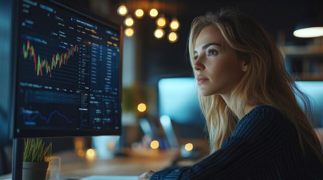 Woman Analyzing Data on Computer Screen in Office