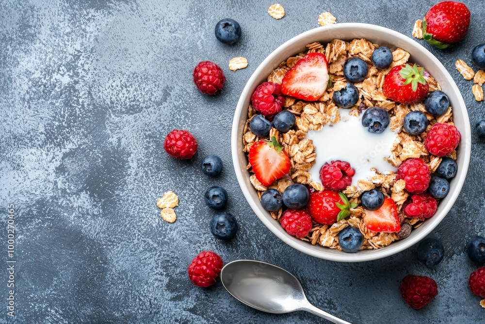 Wall mural a top-down view of a bowl of cereal filled with almond milk, surrounded by fresh berries and a spoon