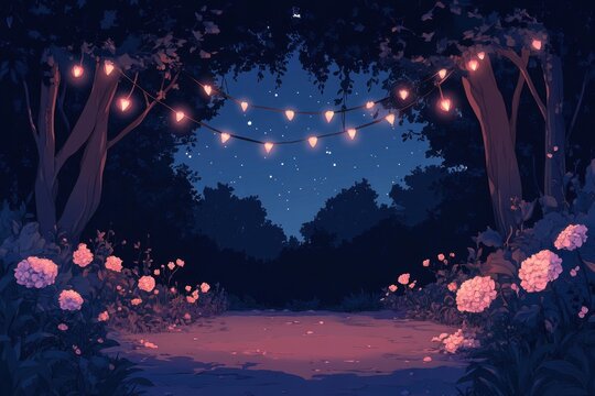 Nighttime Forest Path with Heart-Shaped Lights and Pink Flowers