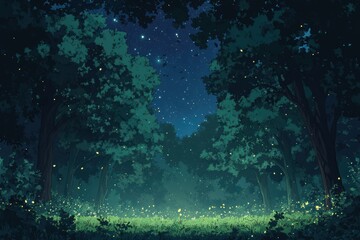 Fototapeta premium A Nighttime Forest with Fireflies and a Starry Sky