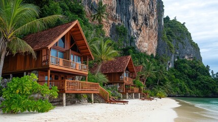 Wooden Cabins on a Tropical Beach with Limestone Cliffs