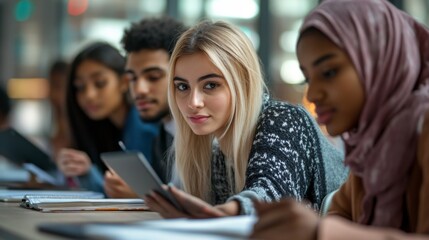 Diverse group of students studying together in a modern classroom