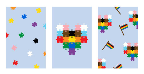 Set of lgbtqia posters on blue background. Proud month creative templates with puzzled hearts and colorful flags