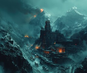 A realistic concept art illustration of an industrial coal mine with heavy machinery and trucks under a dark sky surrounded by coal mountains