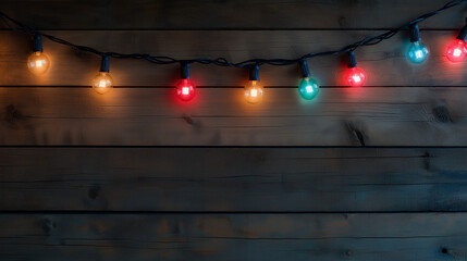 Colorful string lights on dark wooden background