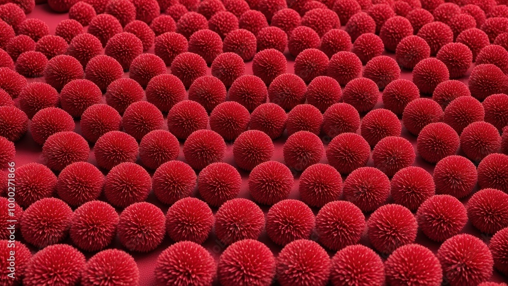 Poster a close-up view of numerous red, textured spheres arranged in a grid pattern.