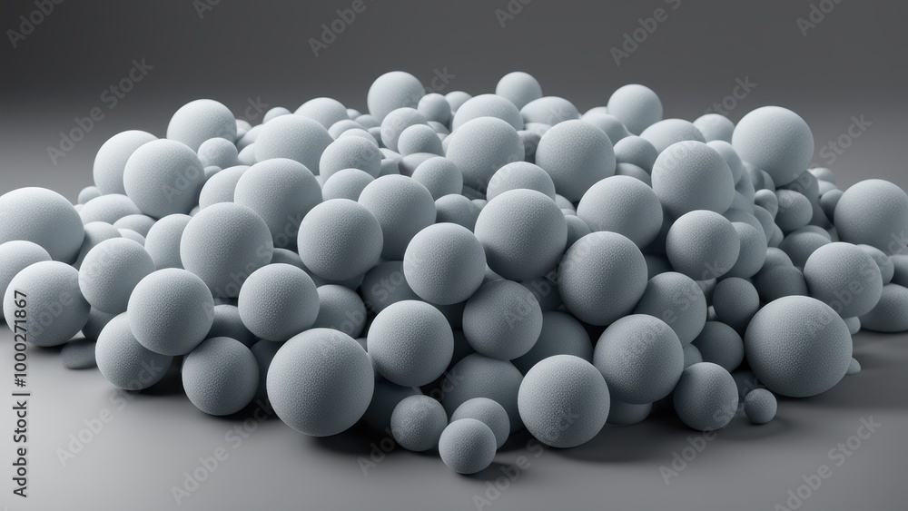 Poster a cluster of gray spheres in various sizes, creating a textured, abstract composition.