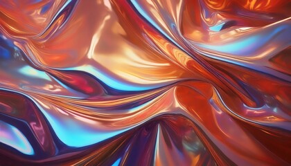 Vibrant abstract composition featuring flowing glossy metallic substance forming wavy shapes with colorful reflections