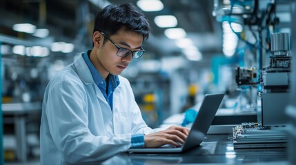Obraz premium Engineer Working on Laptop in Modern Industrial Factory