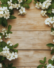 background with white flowers and green leaves isolated on light wooden texture