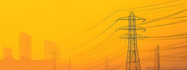A powerful grid of high-voltage power lines and towers silhouetted against the sunset sky, with a vibrant yellow-orange background