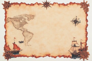 An Old, Torn Map with Ships, Compasses, and a Partial World Map