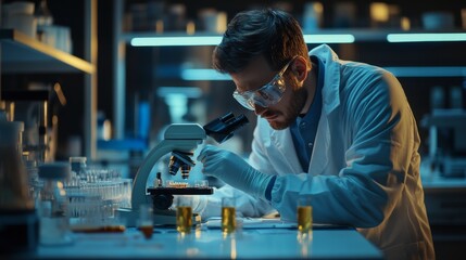 Scientist Working in Laboratory with Microscope