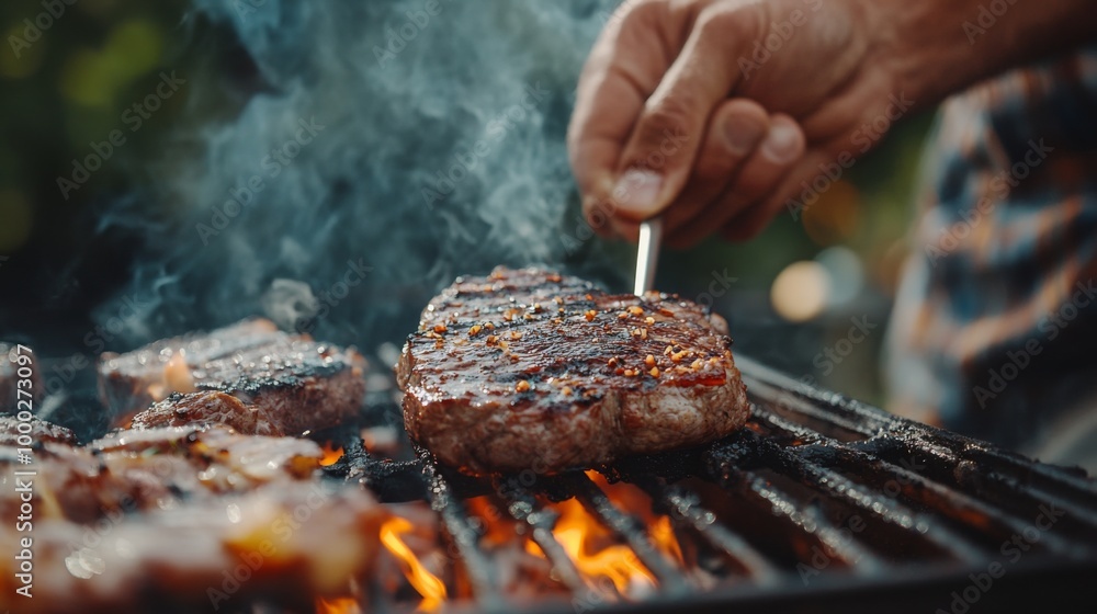 Poster grilling steaks on barbecue grill