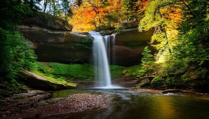 Hocking Hills State Park waterfall surrounded by lush green vegetation and fall