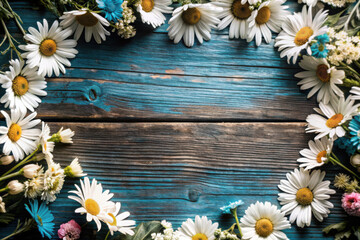 Obraz premium A vibrant arrangement of daisies and colorful wildflowers on a rustic blue wooden surface, creating a cheerful and inviting atmosphere. Generative AI