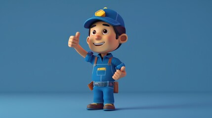 Cheerful cartoon character in blue uniform giving thumbs up