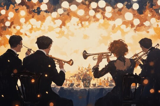 A Group of People Playing Trumpets Under a Canopy of Lights