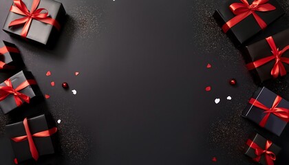 Elevate your shopping experience with a minimalist Black Friday sale featuring elegant black gift boxes adorned with vibrant red ribbons against a dark background. Generative AI