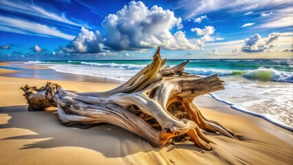 Beautiful Tropical Beach with Driftwood,Golden Sand and Crystal Clear Ocean Water, A Serene Coastal Paradise Perfect for Digital Graphic Design Projects and Backgrounds
