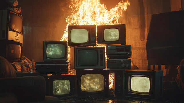 stack of old classic televisions in front of a fire, burned location after the war, cinematic composition media scene ruined panorama abandoned stacks of TVs monitors tv 3d realistic style panorama - Powered by Adobe