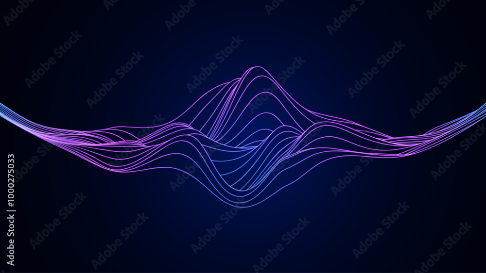 Poster Purple Dark Blue Music Equalizer Abstract Background. Wave Thin Lines Curve Pattern Background. Minimal Contour Lines Texture. Abstract Vector Illustration.