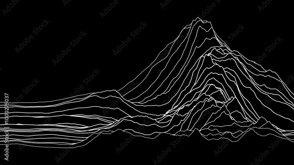 Poster Black and White Wireframe Mountain Landscape. Abstract Fluid Lines Design. 3D Topographic Map Background Concept. Geography Concept. Tech Wavy Backdrop. Space Game Surface HUD Design Element.