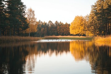 Obraz premium Tranquil Autumn Pond with Trees Reflected in the Water