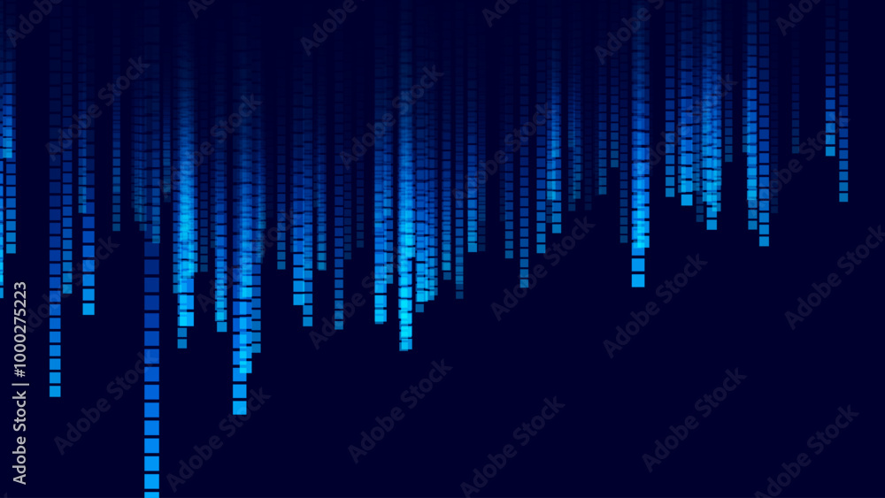 Aufkleber Big Data Flying Pixels. Blockchain Computer Data Flow Flying Bits Visualization. Computer Memory Buffer Overflow Problem. Pixel Data Flow Matrix in Metaverse Cyberspace Vector Illustration.