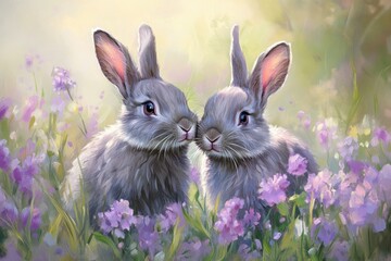 Obraz premium Two Grey Rabbits Snuggling in Purple Flowers