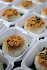 Boxed rice. Rows of packaged rice boxes, spicy seasoned shredded chicken.