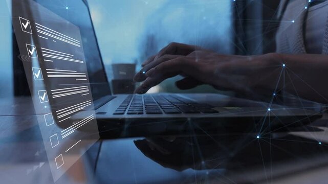 businesswoman checking business performance Business performance monitoring concept, businesswoman using computer Online survey filling out, digital form checklist