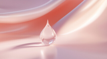 Fototapeta premium Single, clear water droplet on a soft, wavy pink surface, capturing light and color with pristine clarity and an ethereal quality. Ideal for beauty and skincare brands and minimalist design projects.