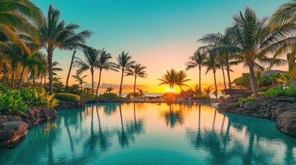 A serene sunset over a tropical lagoon, surrounded by palm trees and lush vegetation, reflecting the warm colors of the sky in the tranquil water.