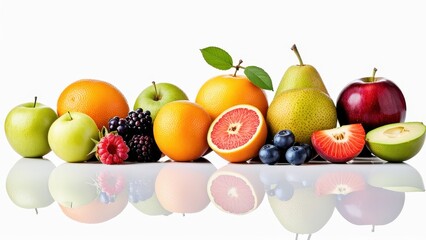 A colorful assortment of fresh fruits arranged on a reflective surface.