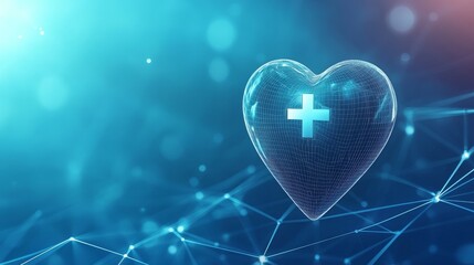 A blue background with a cross, symbolizing healthcare, features a heart with a heartbeat icon. It represents health insurance and medical services.