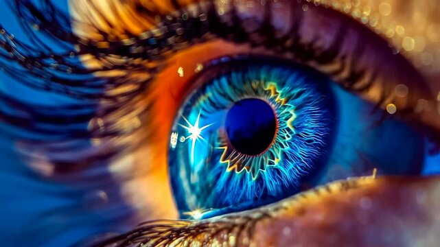 Extreme close-up of a human eye showcasing an intense blue iris with intricate details. The image is vibrant and high-contrast, highlighting the eyelashes and surrounding skin in dramatic lighting