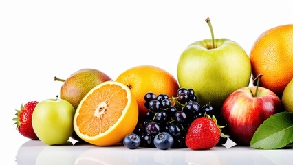 A colorful assortment of fresh fruits arranged artistically on a reflective surface.