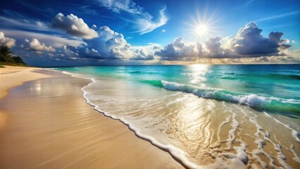 Beautiful Tropical Beach with Golden Sand and Crystal Clear Ocean Water, A Serene Coastal Paradise Perfect for Digital Graphic Design Projects and Backgrounds