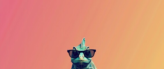 chameleon wearing sunglasses on a solid color background, vector art, digital art, faceted, minimal, abstract, panorama background.