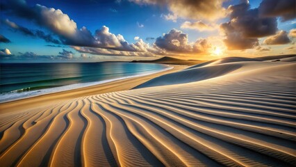 Naklejka premium Beautiful Tropical Beach with Golden Sand and Crystal Clear Ocean Water, A Serene Coastal Paradise Perfect for Digital Graphic Design Projects and Backgrounds