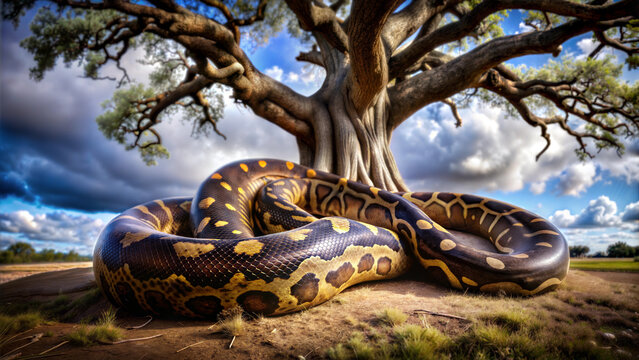 Giant Python Coiled Around a Majestic Oak Tree