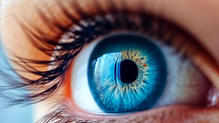 A close-up of a person’s blue eye, revealing detailed eyelashes and part of the eyebrow. The image hints at a gentle yet focused gaze, likely in natural daylight. The scene is calm and introspective,