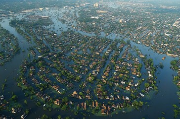 Fototapeta na wymiar Aerial view of flooded city homes after hurricane, showing extensive water damage and environmental impact