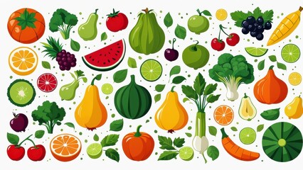 Obraz premium A colorful assortment of fruits and vegetables arranged artistically.