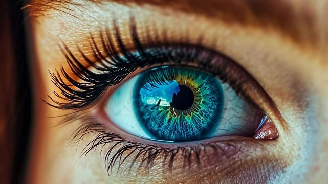 A close-up of a young woman's blue eye with long eyelashes in dramatic indoor lighting. The detail captures the intricate patterns of the iris and a hint of red hair, suggesting a tranquil moment.