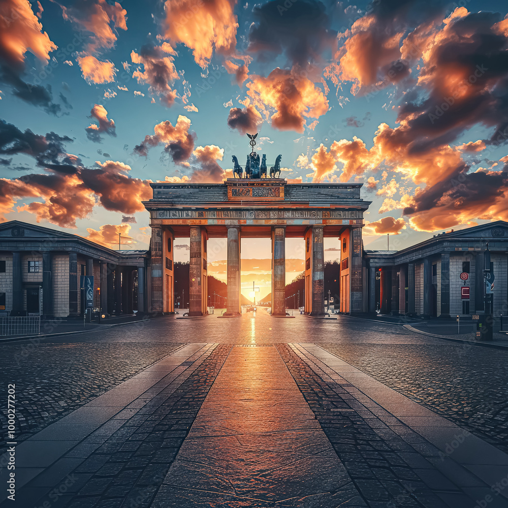 Poster large, ornate building with a large archway in front of it. the archway is illuminated by the sun, c