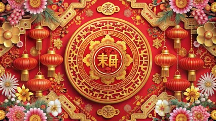 Obraz premium Red and gold Chinese New Year design with lanterns, flowers, and traditional symbols.